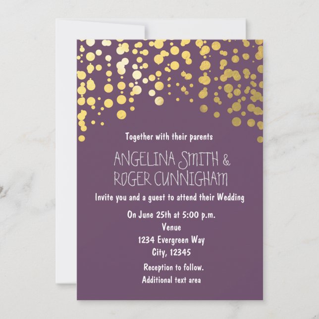 Gold Foil Confetti Purple Grey Faire-part de maria (Devant)