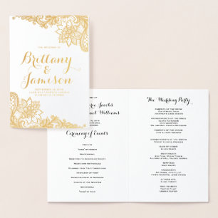 Gold Foil Damask Lace Vintage Wedding Program Card