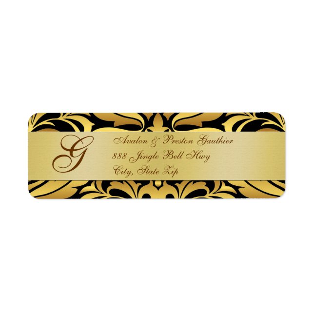 Gold Foil Damask Monogramme Nouvel An Étiquettes n (Devant)