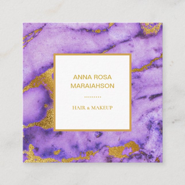 *~* Gold Foil Deep Purple Marble Modern Chic Square Business Card (Front)