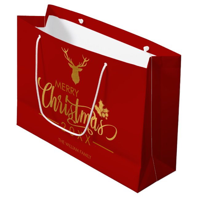 Gold Foil Deer Merry Christmas Personalized Red Large Gift Bag (Front Angled)