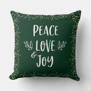 Gold Foil Dots Green Peace Love Joy Script Modern  Throw Pillow