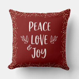 Gold Foil Dots Red Peace Love Joy Script Modern  Throw Pillow