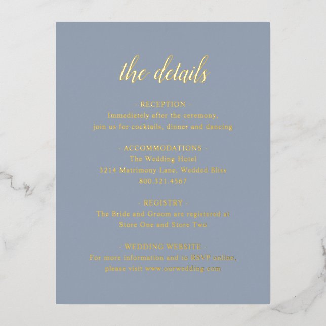 Gold Foil Dusty Blue Wedding Enclosure Card (Front)