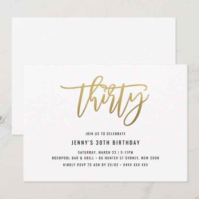 Gold Foil Effect 30th Birthday Invitation (Front/Back)