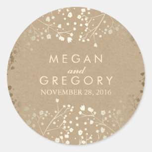 Gold Foil Effect Baby's Breath Kraft Wedding Classic Round Sticker