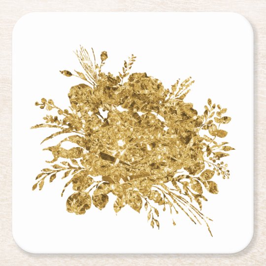 Gold Foil Effect Bouquet of Flowers Square Paper Coaster
