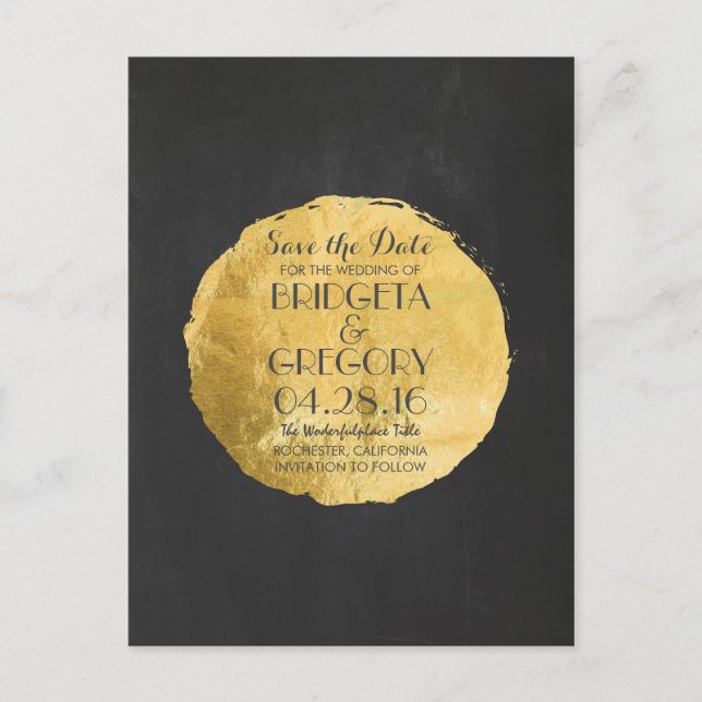 gold foil effect confetti chalkboard save the date announcement postcard (Front)