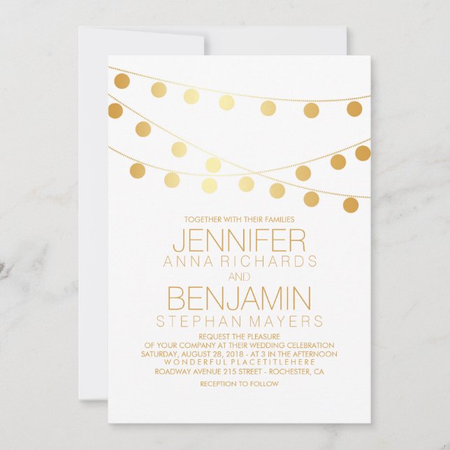 Gold Foil Effect String Lights White Wedding Invitation (Front)