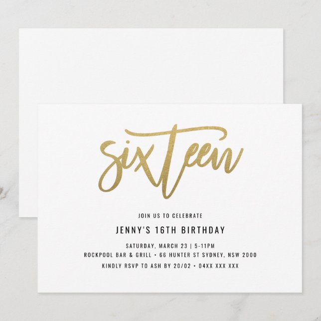 Gold Foil Effet 16e anniversaire Invitation (Devant / Derrière)