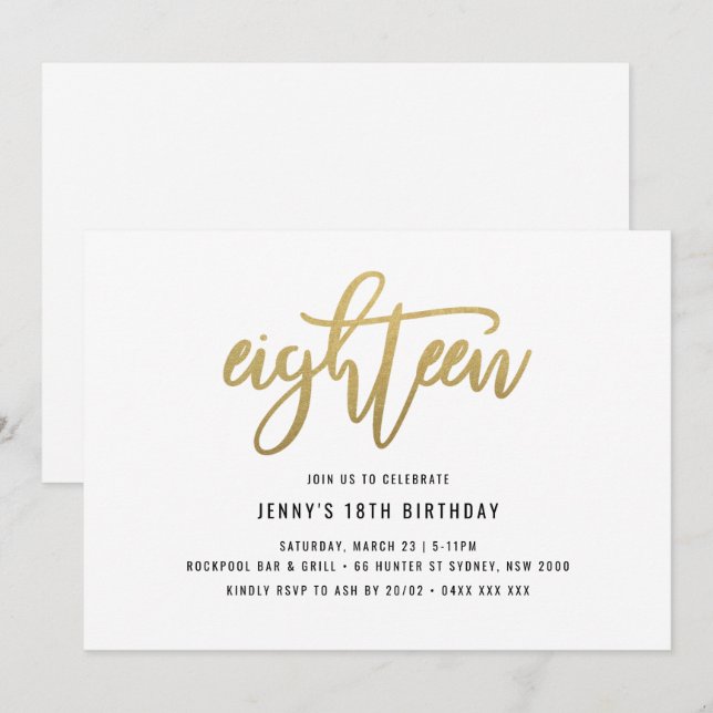 Gold Foil Effet 18e anniversaire Invitation (Devant / Derrière)