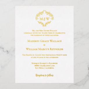 Gold Foil Elegant Wreath Monogram Formal Wedding Invitation Postcard
