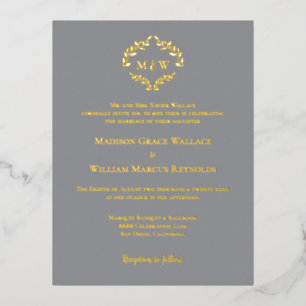 Gold Foil Elegant Wreath Monogram Formal Wedding Invitation Postcard