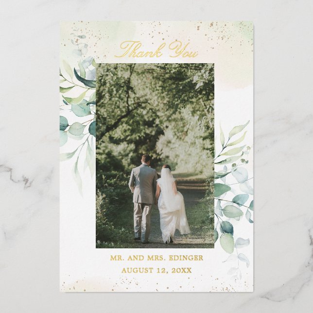 Gold Foil Eucalyptus Photo Wedding Thank You Card (Front)