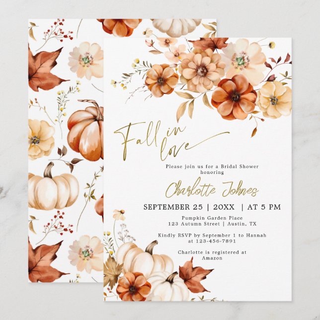 Gold Foil Fall In Love Cream Pumpkin Bridal Shower Invitation (Front/Back)