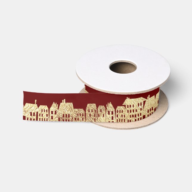 Gold Foil Festive Holiday Red Satin Ribbon (Spool)