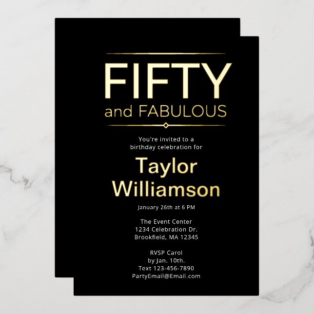 Gold Foil Fifty and Fabulous on Black White Script (Front/Back)