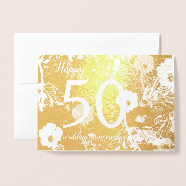 Gold Foil Floral 50th Wedding Anniversary Card (Front With Envelope)