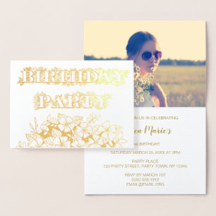 Gold Foil Floral Anniversaire Fête Invitation Phot