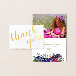 Gold Foil Floral Bouquet Thank You Photo and Name Card