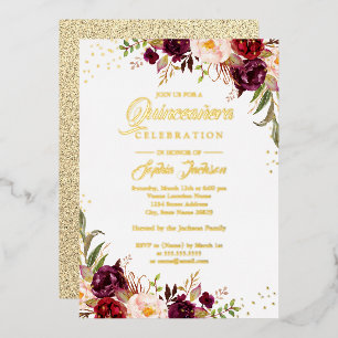GOLD FOIL Floral Burgundy Gold Quinceanera