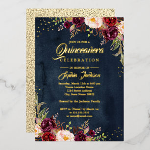 GOLD FOIL Floral Burgundy Navy Gold Quinceanera