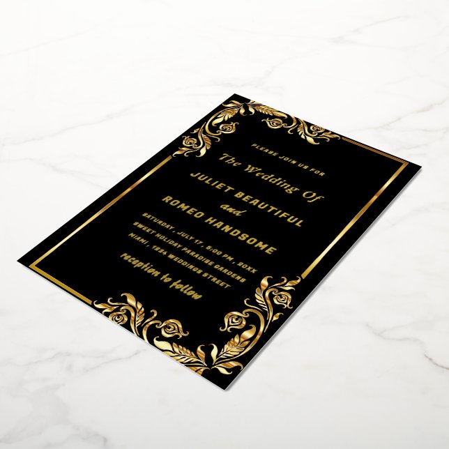 Gold Foil Floral Framed Black Wedding Invitation (Rotated)