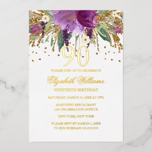 GOLD FOIL Floral Glitter Amethyst 90th Birthday