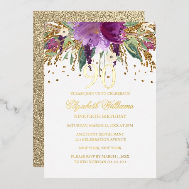 GOLD FOIL Floral Glitter Amethyst 90th Birthday  F (Front/Back)