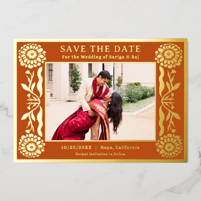 Gold Foil Floral Marigold Indian Save The Date (Front)