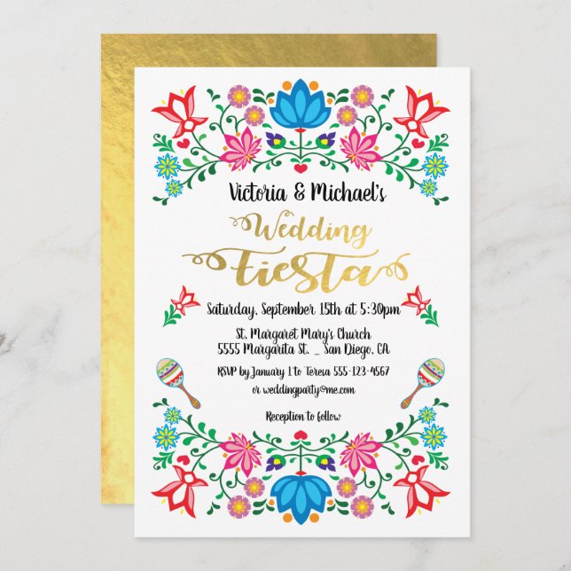 Gold Foil Floral Mexican Wedding Fiesta Invitation (Front/Back)
