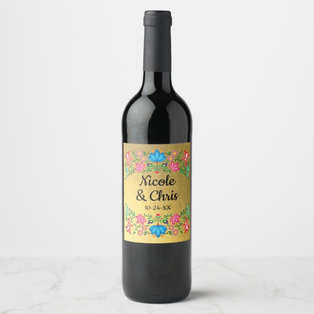 Gold Foil Floral Mexican Wedding wine labels (Front)