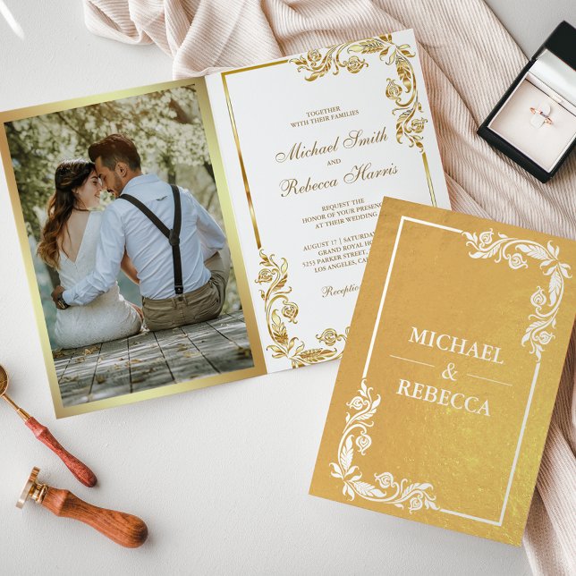 Gold Foil Floral Photo Faire-part de mariage blanc (Créateur téléchargé)