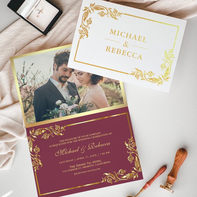 Gold Foil Floral Photo Pink Wedding Invitation (Creator Uploaded)
