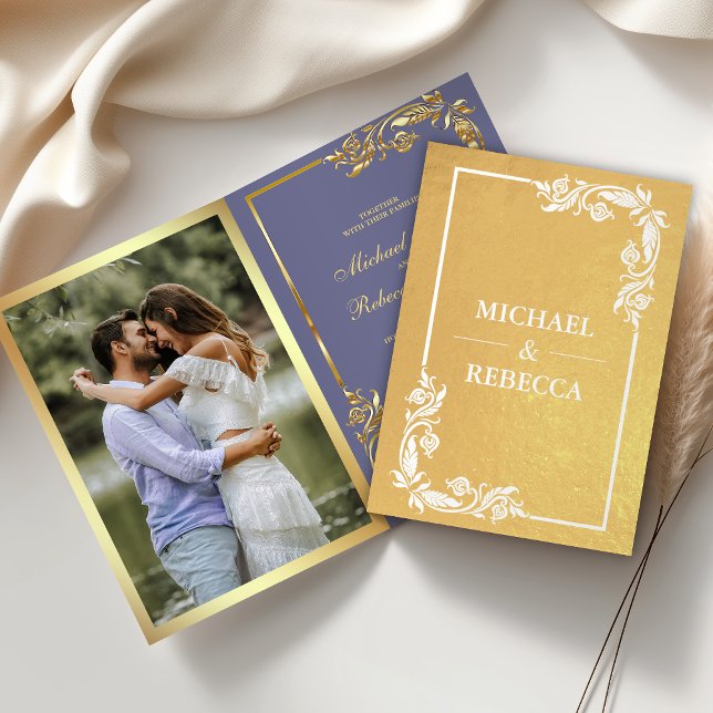 Gold Foil Floral Photo Purple Wedding Invitation (Creator Uploaded)