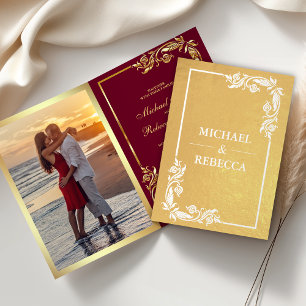 Gold Foil Floral Photo Red Wedding Invitation
