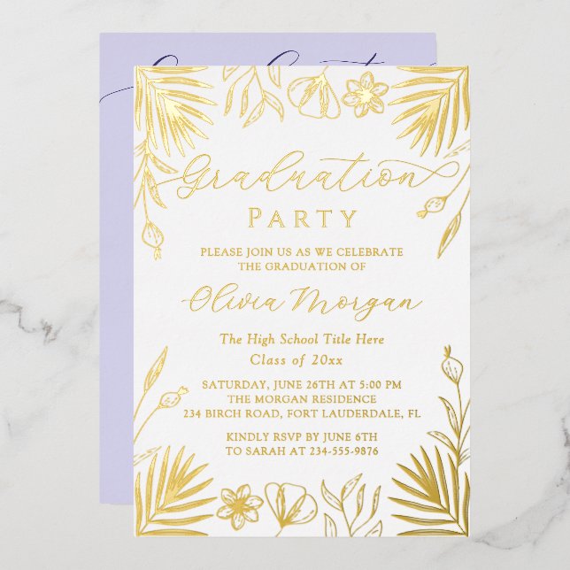 Gold Foil Floral Script Purple Graduation Photo (Front/Back)