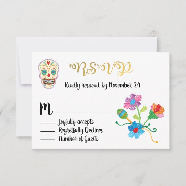 Gold Foil Floral Sugar Skull Mexican fiesta RSVP (Front)