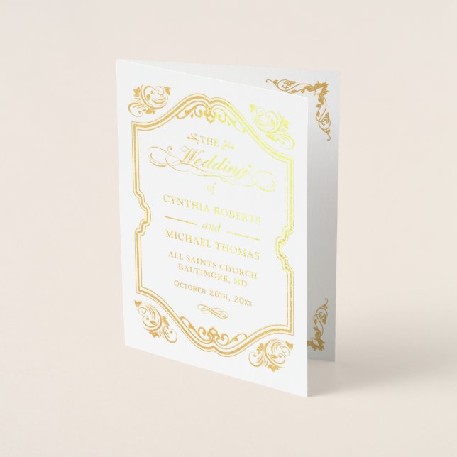 Gold Foil Flourish Frame Wedding Ceremony Program Card (Front)