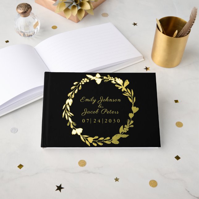 Gold Foil Flower Wreath Elegant Black Wedding Guest Book (Front Open)