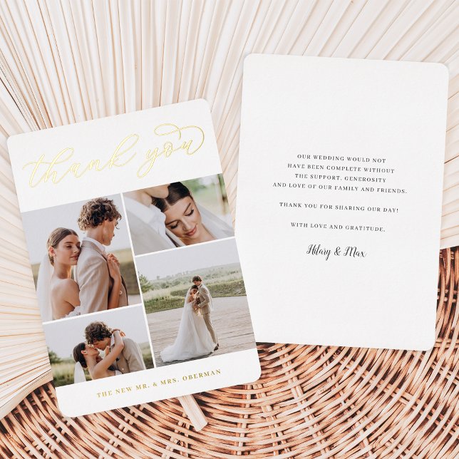 Gold Foil Four Photo Wedding Thank You Card (Creator Uploaded)