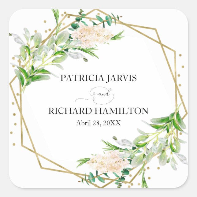 Gold Foil Geometric Greenery Elegant Wedding Square Sticker (Front)
