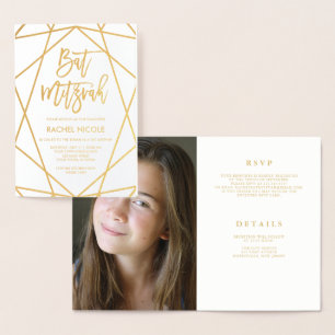 Gold Foil Geometric Photo Bat Mitzvah Invitation