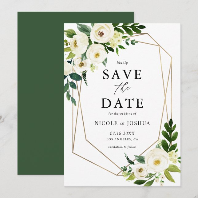 Gold Foil Geometric White Floral Frame Spring Save The Date (Front/Back)