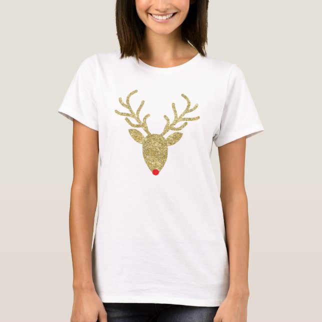 Gold Foil Glitter Rudolph Christmas T-Shirt (Front)