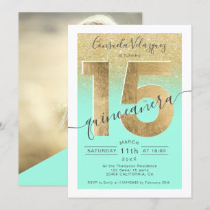 gold foil glitter script mint quinceanera photo invitation