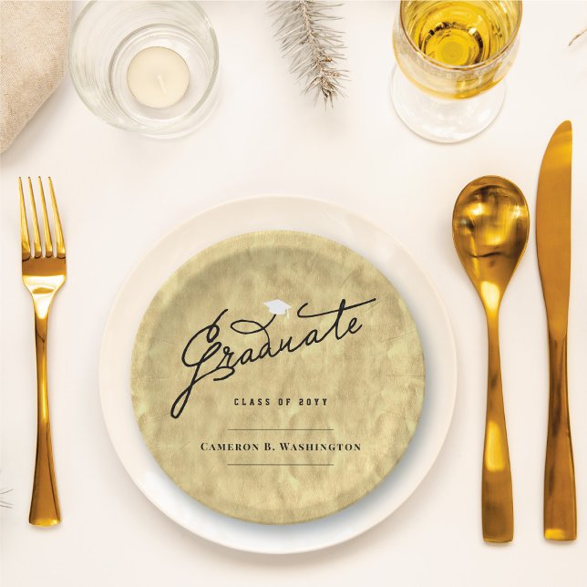 Gold Foil Graduate Script Stylish Graduation Party Paper Plate (Gold Faux Foil Stylish Graduate Script Graduation Party Paper Plates @ fatfatin)
