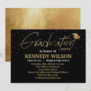   Gold foil Graduation Party Invitation Black
