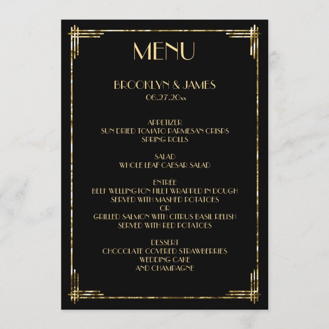 Gold Foil Great Gatsby Art Déco Menu Mariage (Devant)