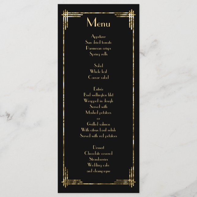 Gold Foil Great Gatsby Art Déco Menu Mariage Noir (Devant)